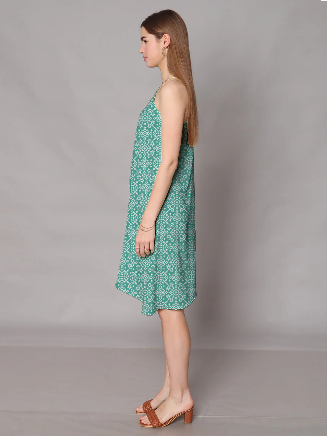 Turquoise Geometric Printed One Shoulder Knee Length Dress - Image 3