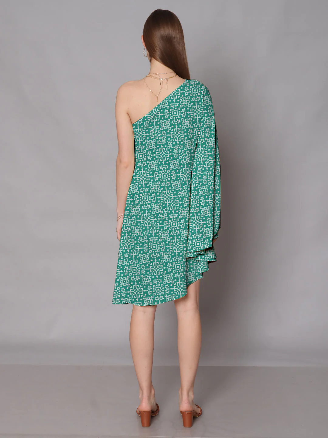 Turquoise Geometric Printed One Shoulder Knee Length Dress - Image 4