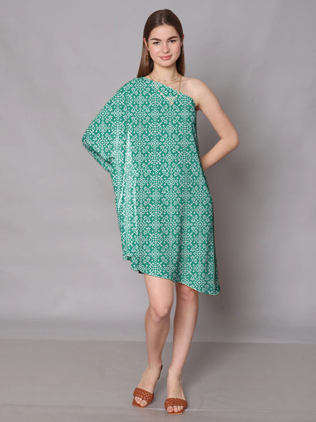 Turquoise Geometric Printed One Shoulder Knee Length Dress - Image 5