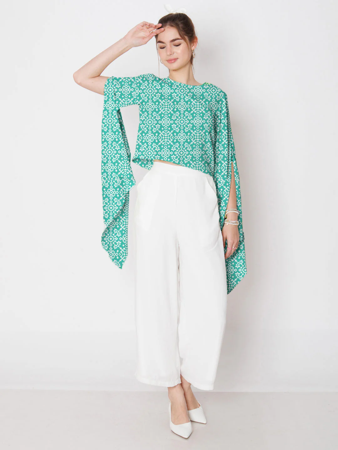 Turquoise Geometric Printed Stylised Sleeve Top