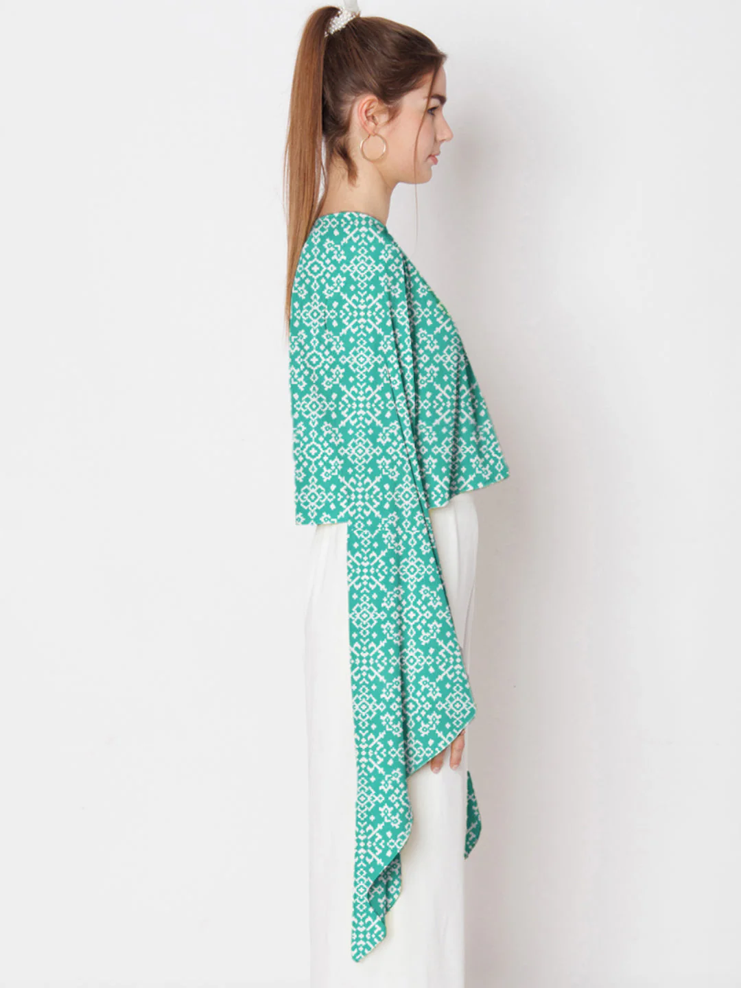 Turquoise Geometric Printed Stylised Sleeve Top - Image 3