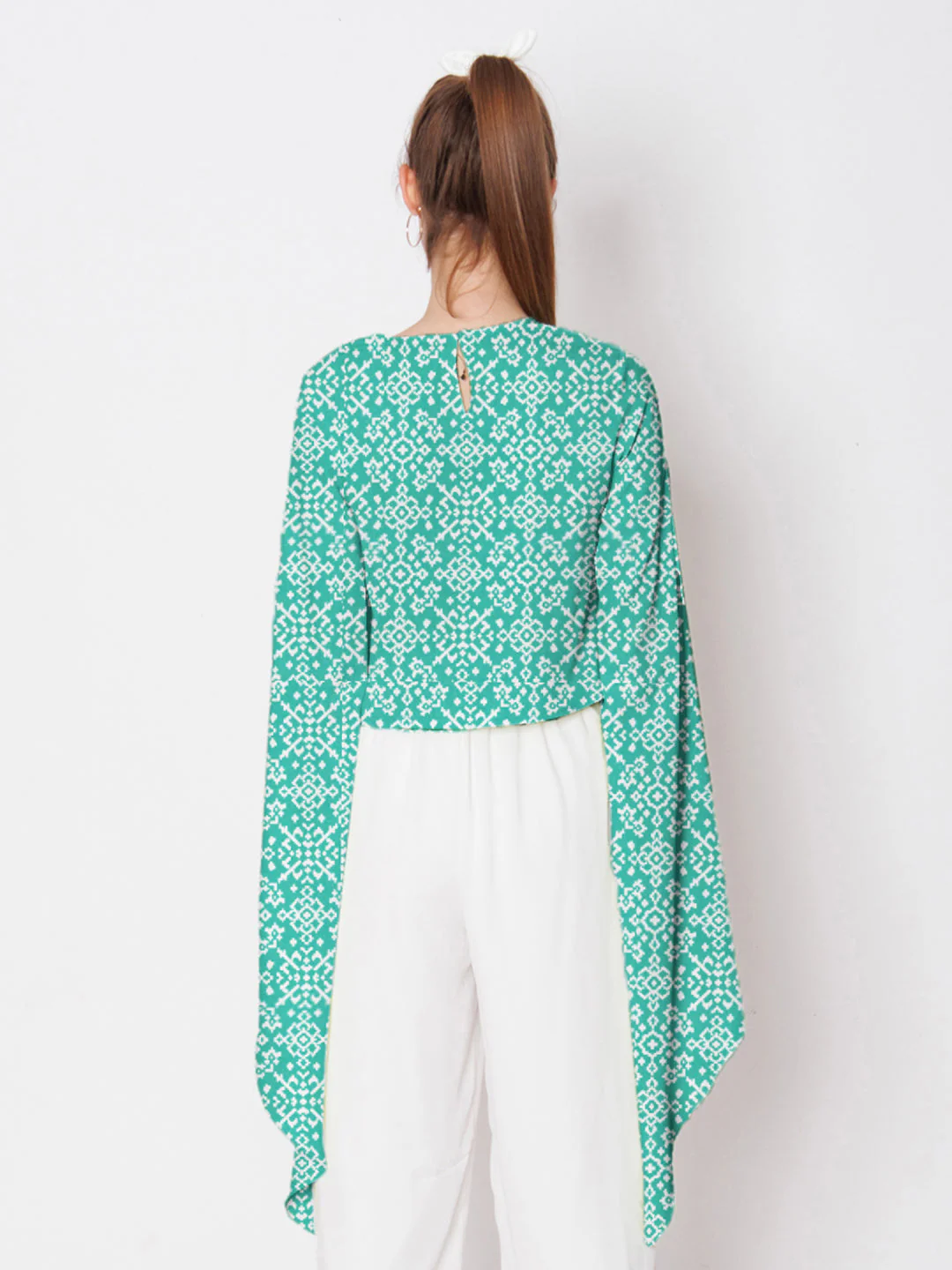 Turquoise Geometric Printed Stylised Sleeve Top - Image 4