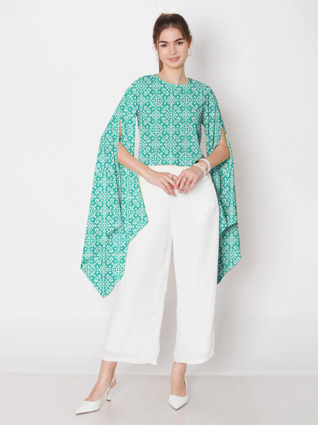 Turquoise Geometric Printed Stylised Sleeve Top - Image 5
