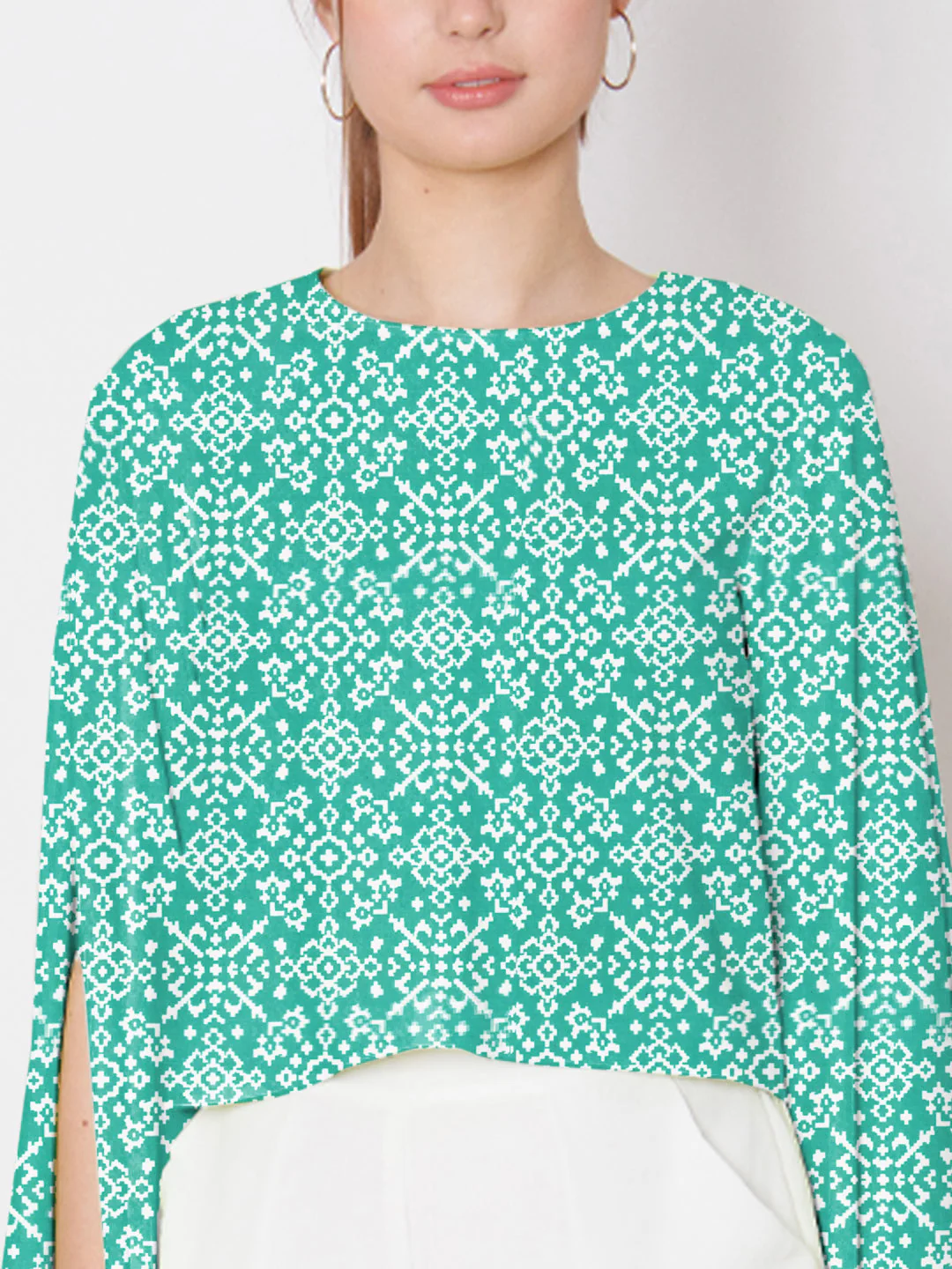 Turquoise Geometric Printed Stylised Sleeve Top - Image 6