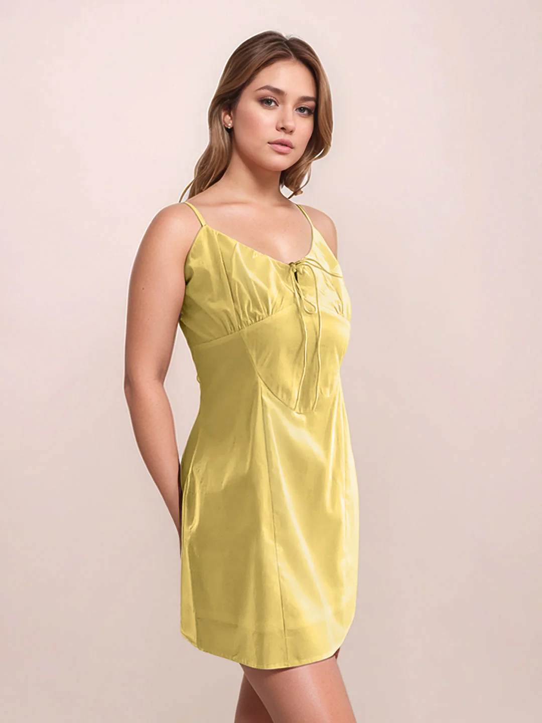 Yellow Plain Sleeveless Short Dress - Image 3