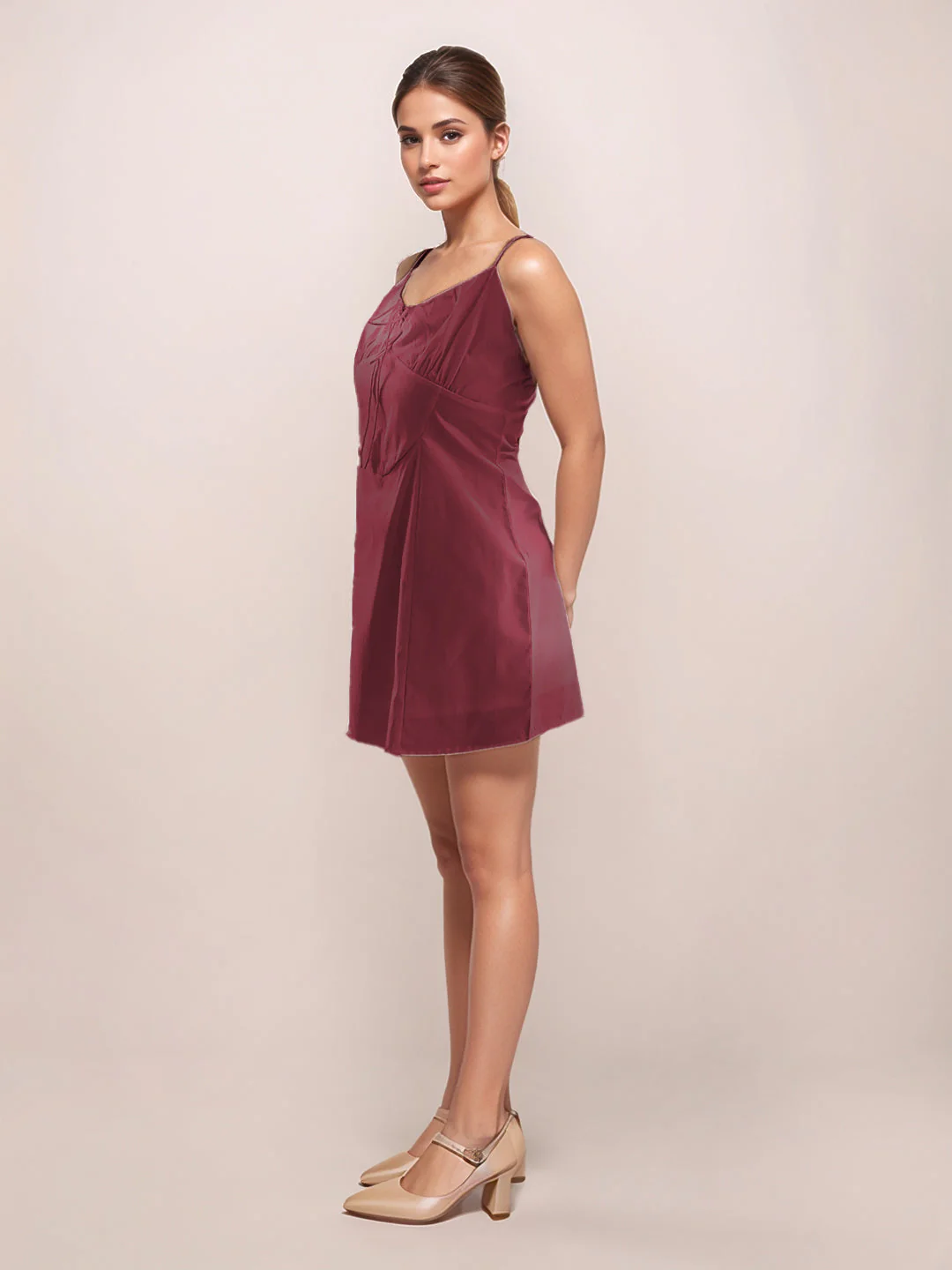 Maroon Plain Sleeveless Short Dress - Image 5