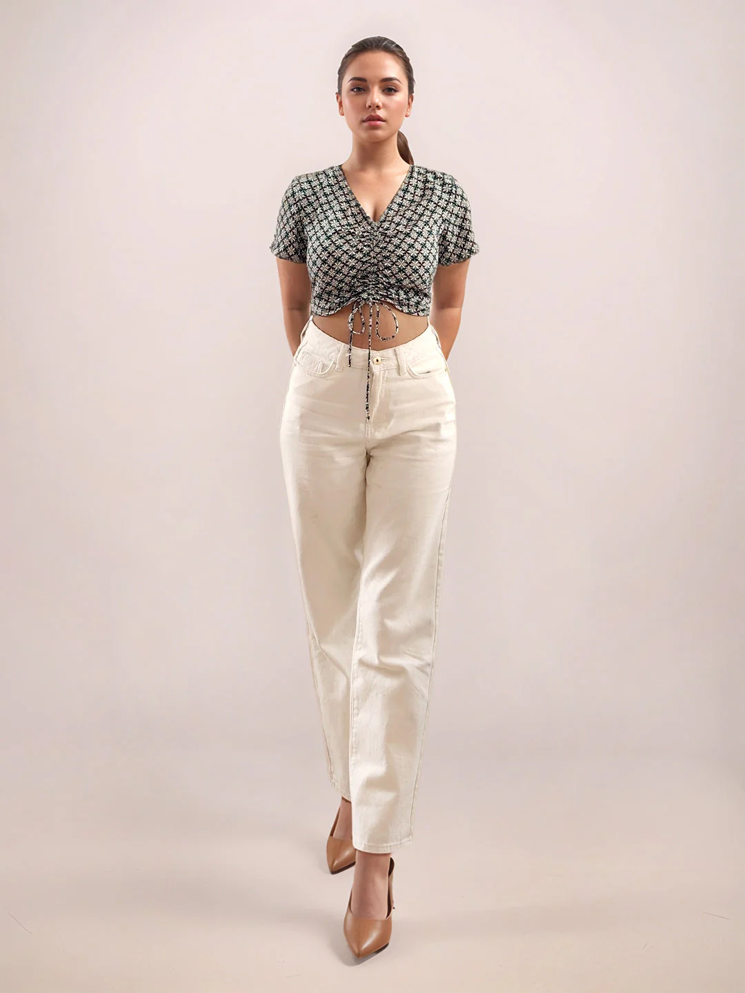 Green Geometric Print Half Sleeves Top