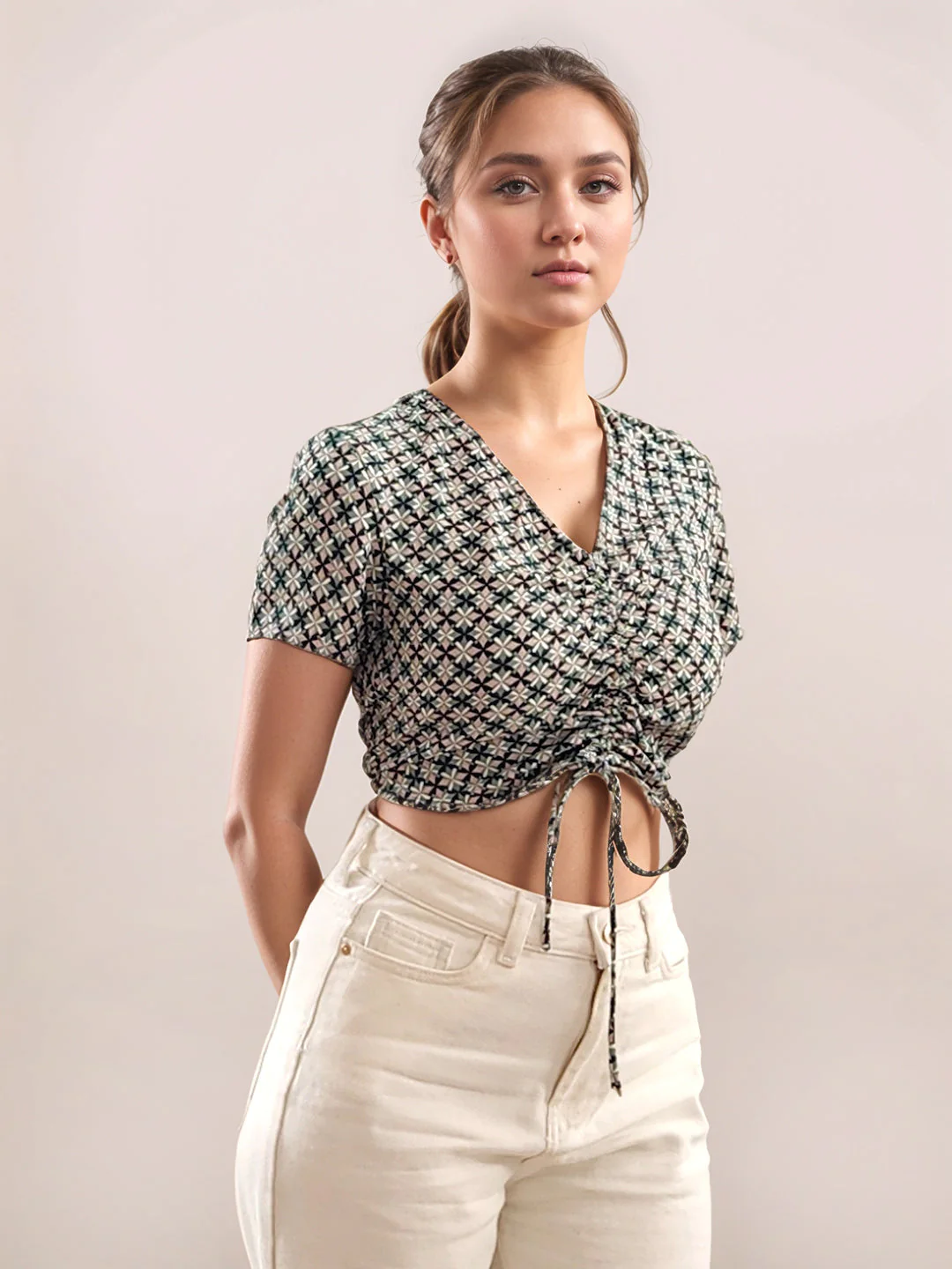 Green Geometric Print Half Sleeves Top - Image 5