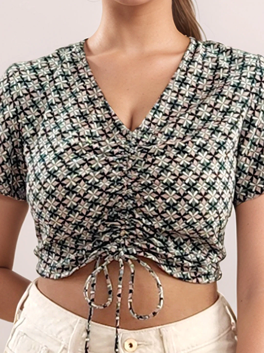 Green Geometric Print Half Sleeves Top - Image 6