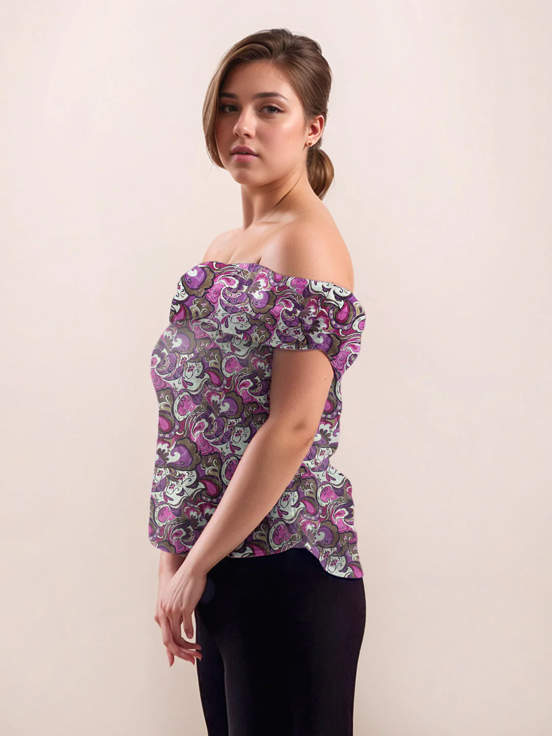 Purple Floral Prints Off-Shoulder Top - Image 3