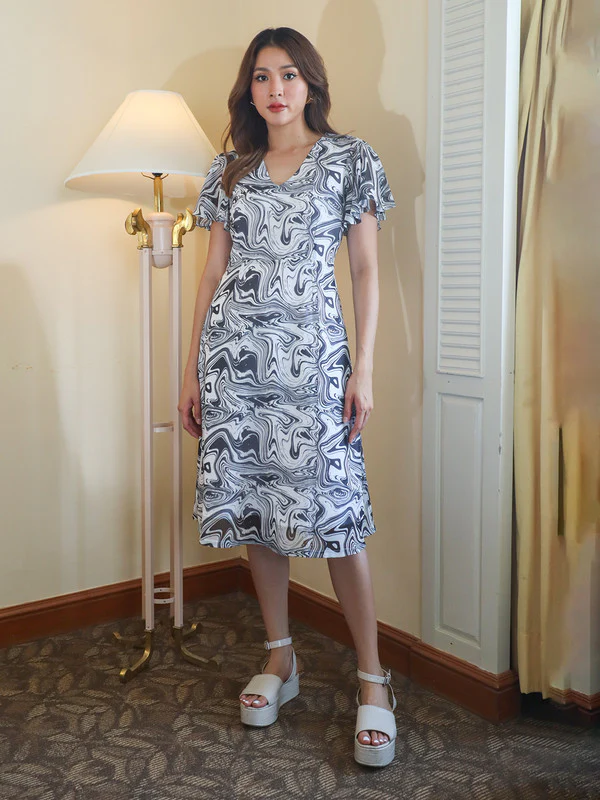 White Abstract Flared Midi Dress - Image 2