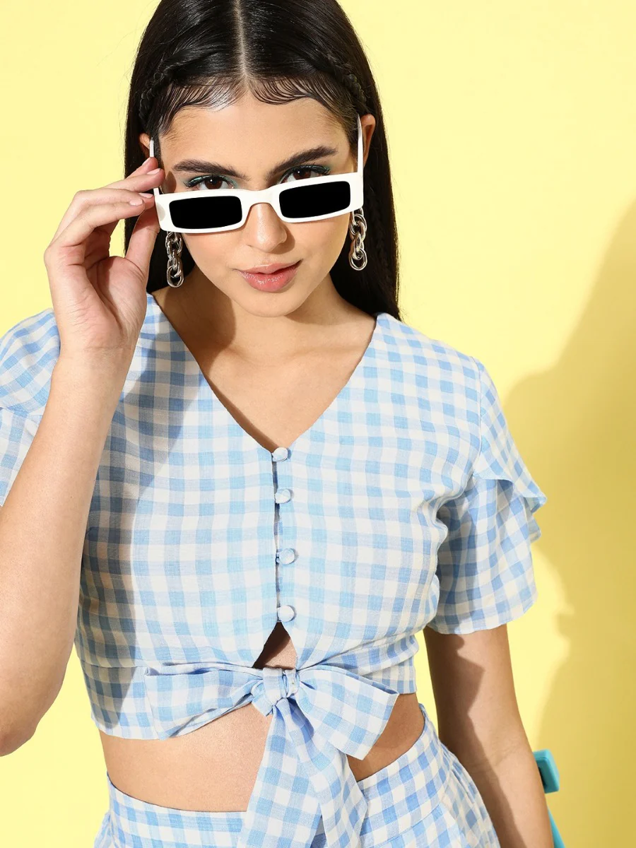 White & Blue Checked Tie-Up Top