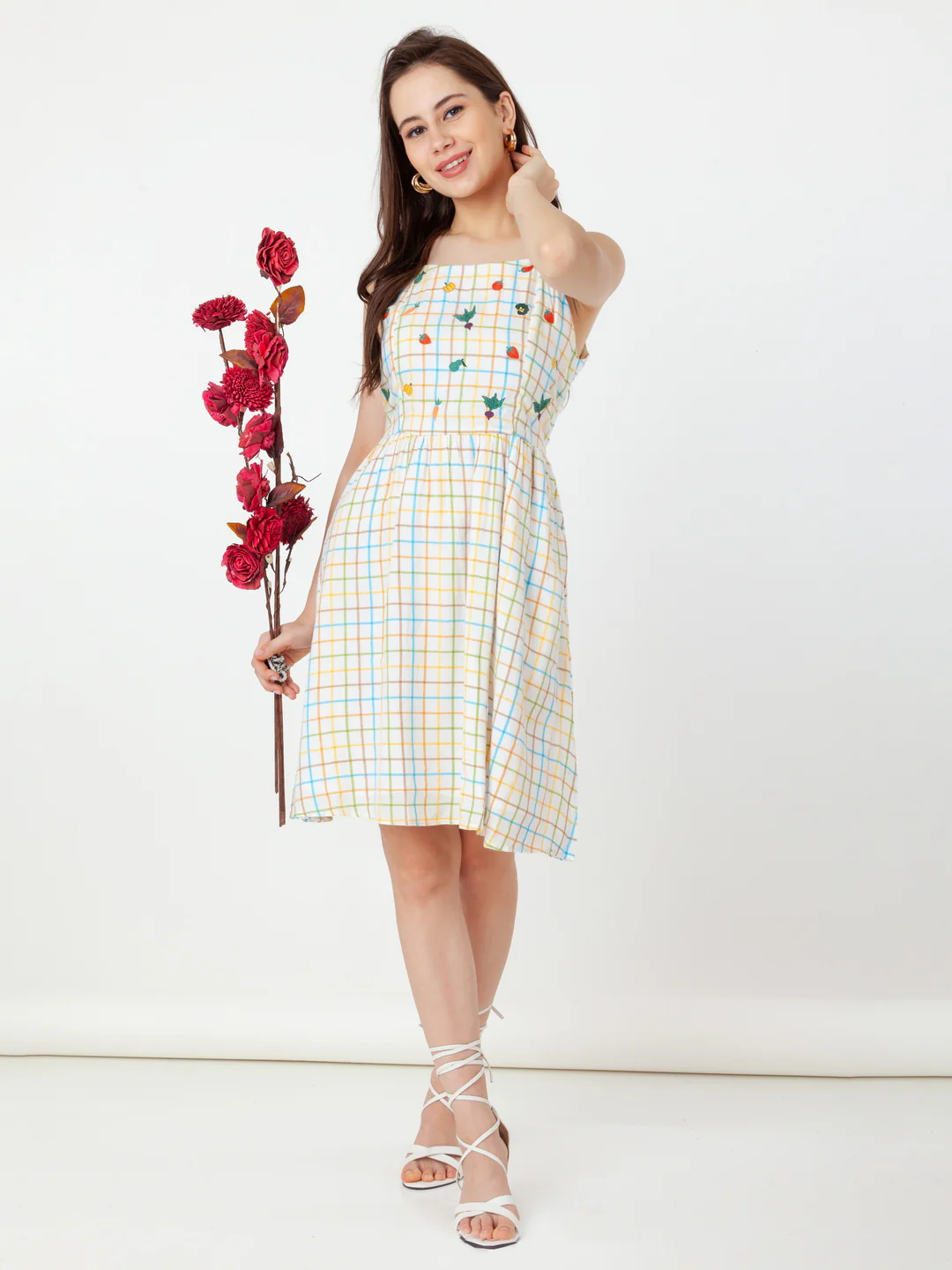 White Checks A-Line Short Dress - Image 5