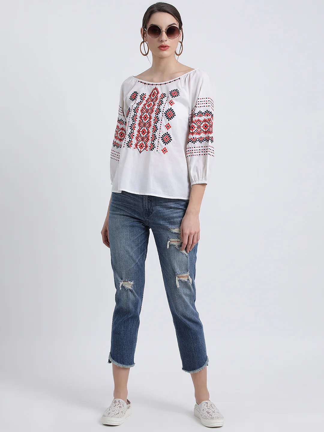White Embroidered Regular Top - Image 5