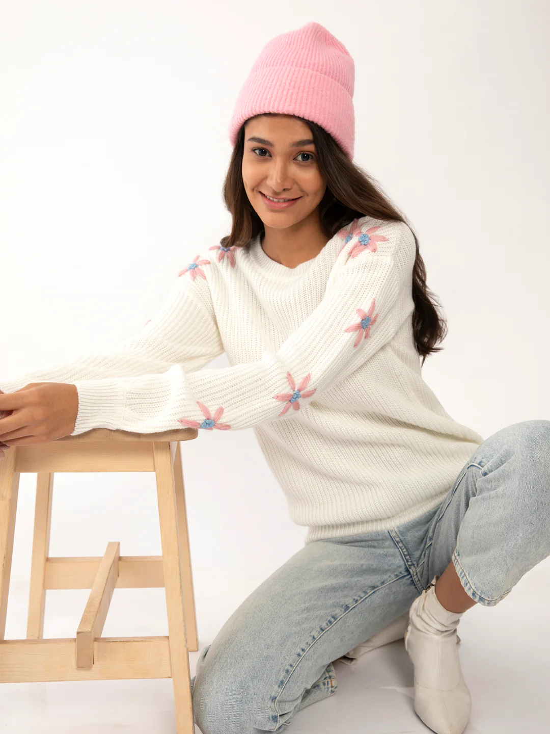 White Embroidered Sweater
