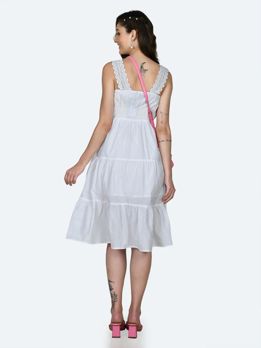 White Embroidered Tiered Midi Dress - Image 4