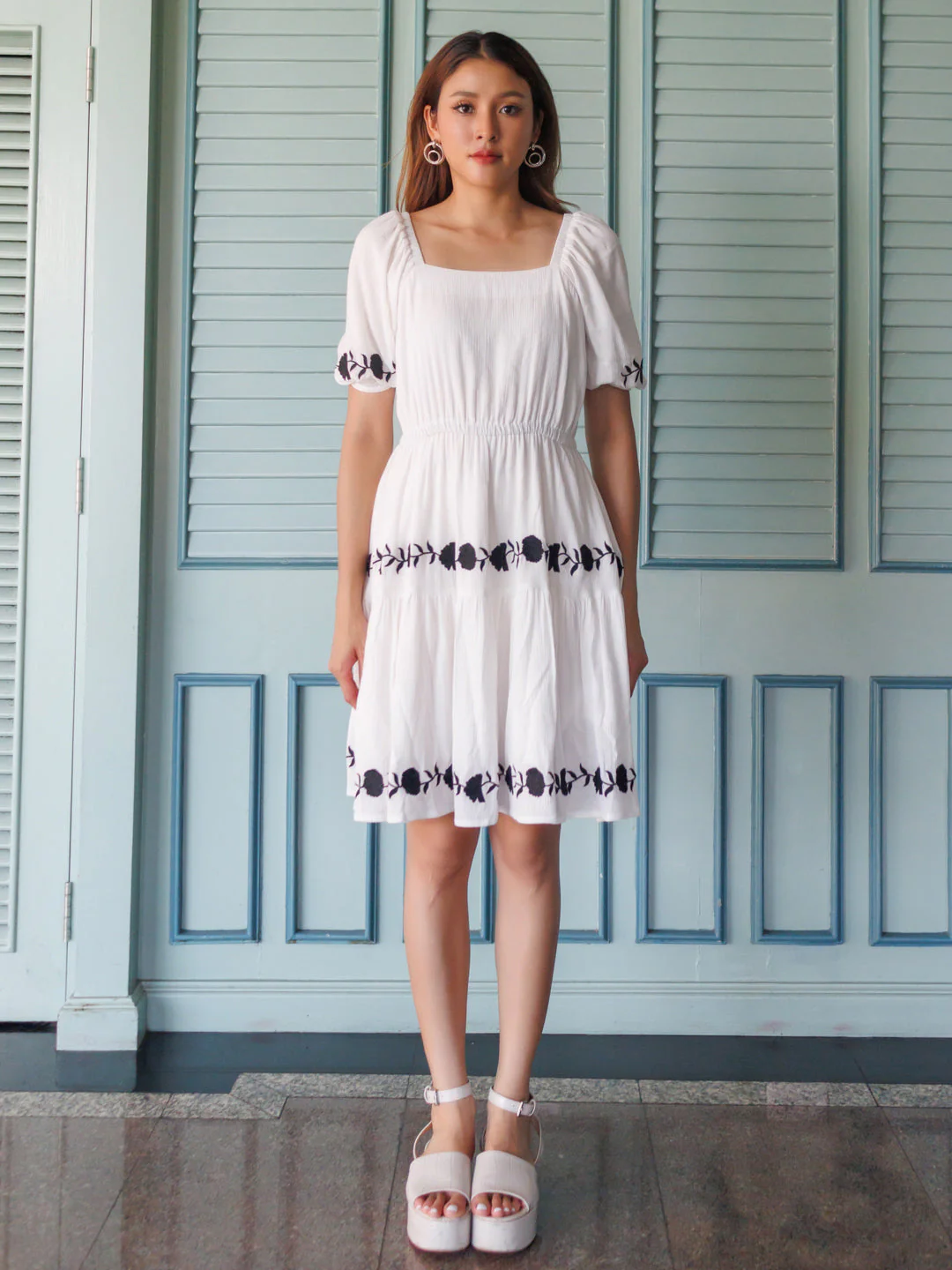 White Embroidered Tiered Mini Dress - Image 2