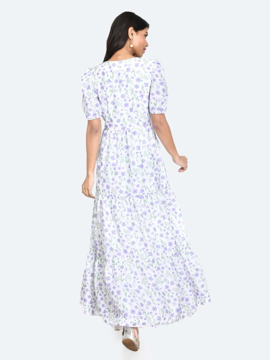 White Floral Print A-Line Maxi Dress - Image 3