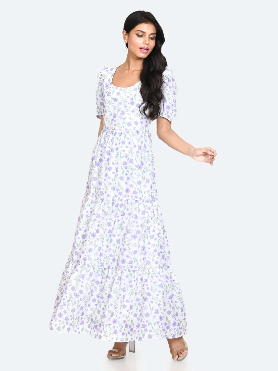 White Floral Print A-Line Maxi Dress - Image 4