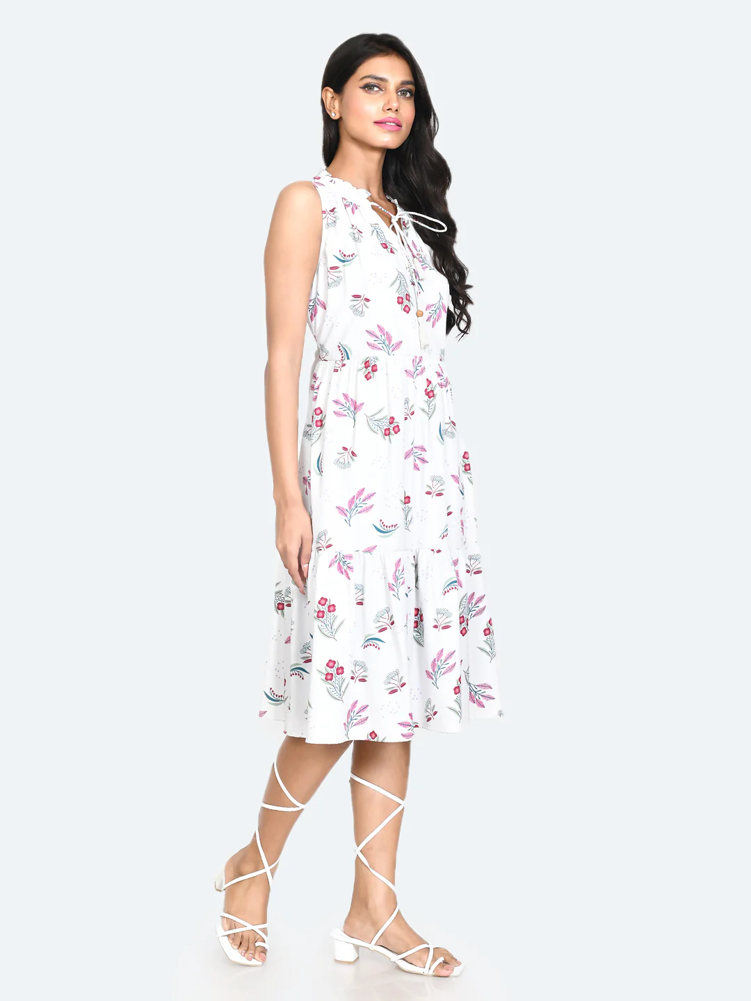 White Floral Print A-Line Midi Dress - Image 3