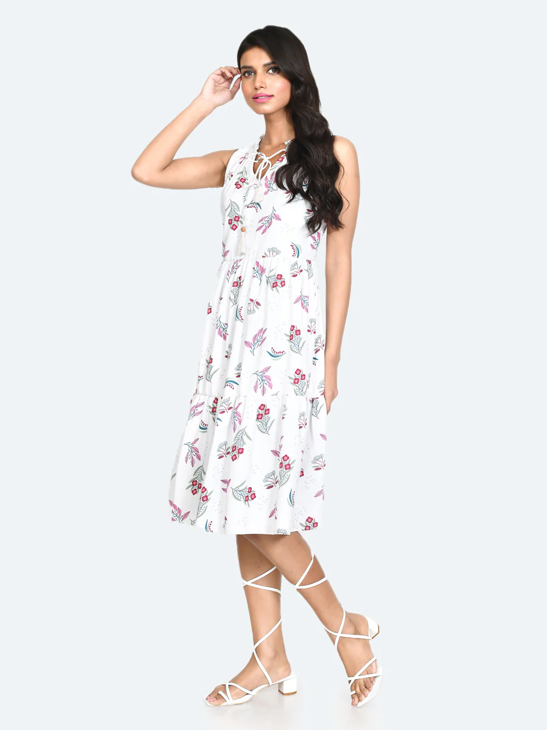 White Floral Print A-Line Midi Dress - Image 5