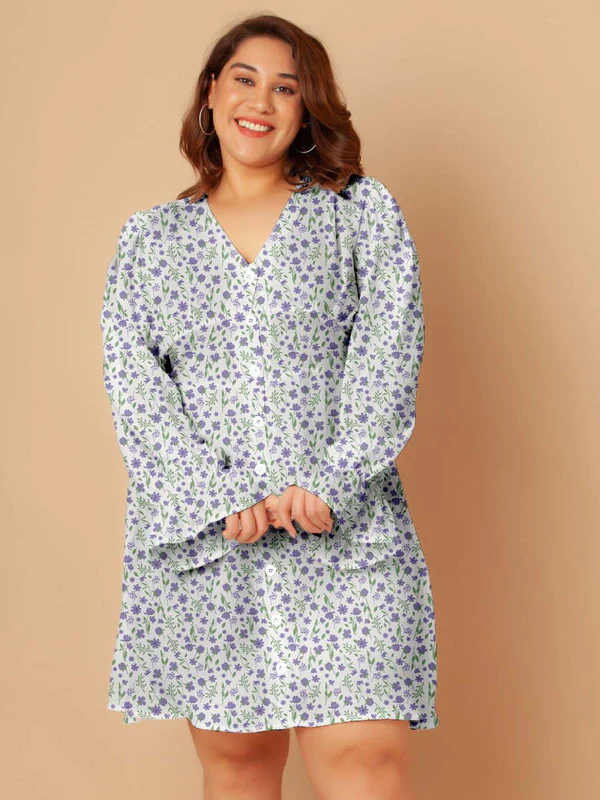 White Floral Print A-Line Short Dress - Image 2