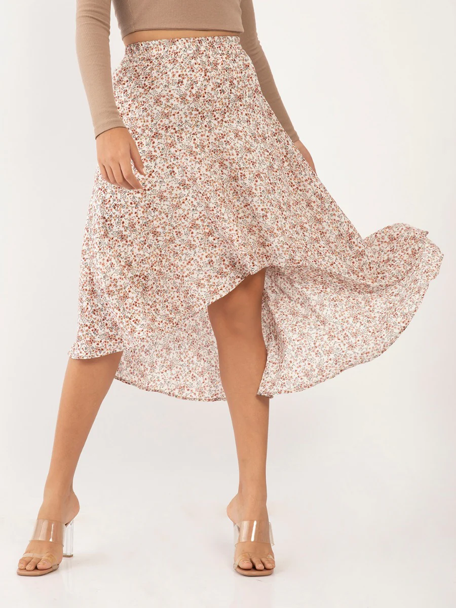 White Floral Print Elasticated Skirt - Image 2