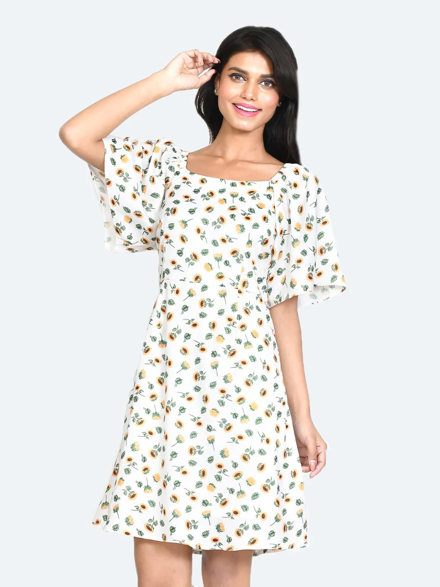 White Floral Print Flared Sleeve Short Dress - Image 2