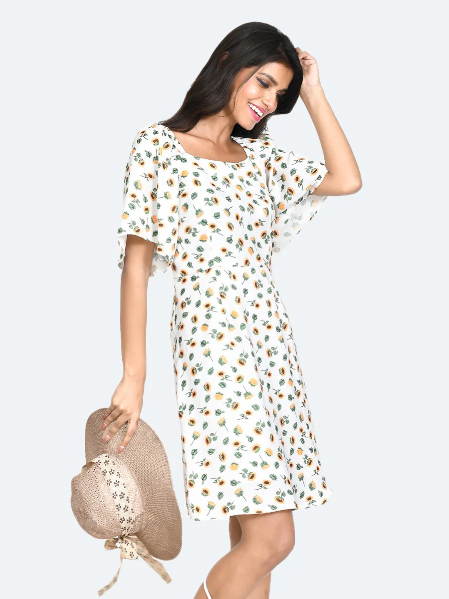 White Floral Print Flared Sleeve Short Dress - Image 3