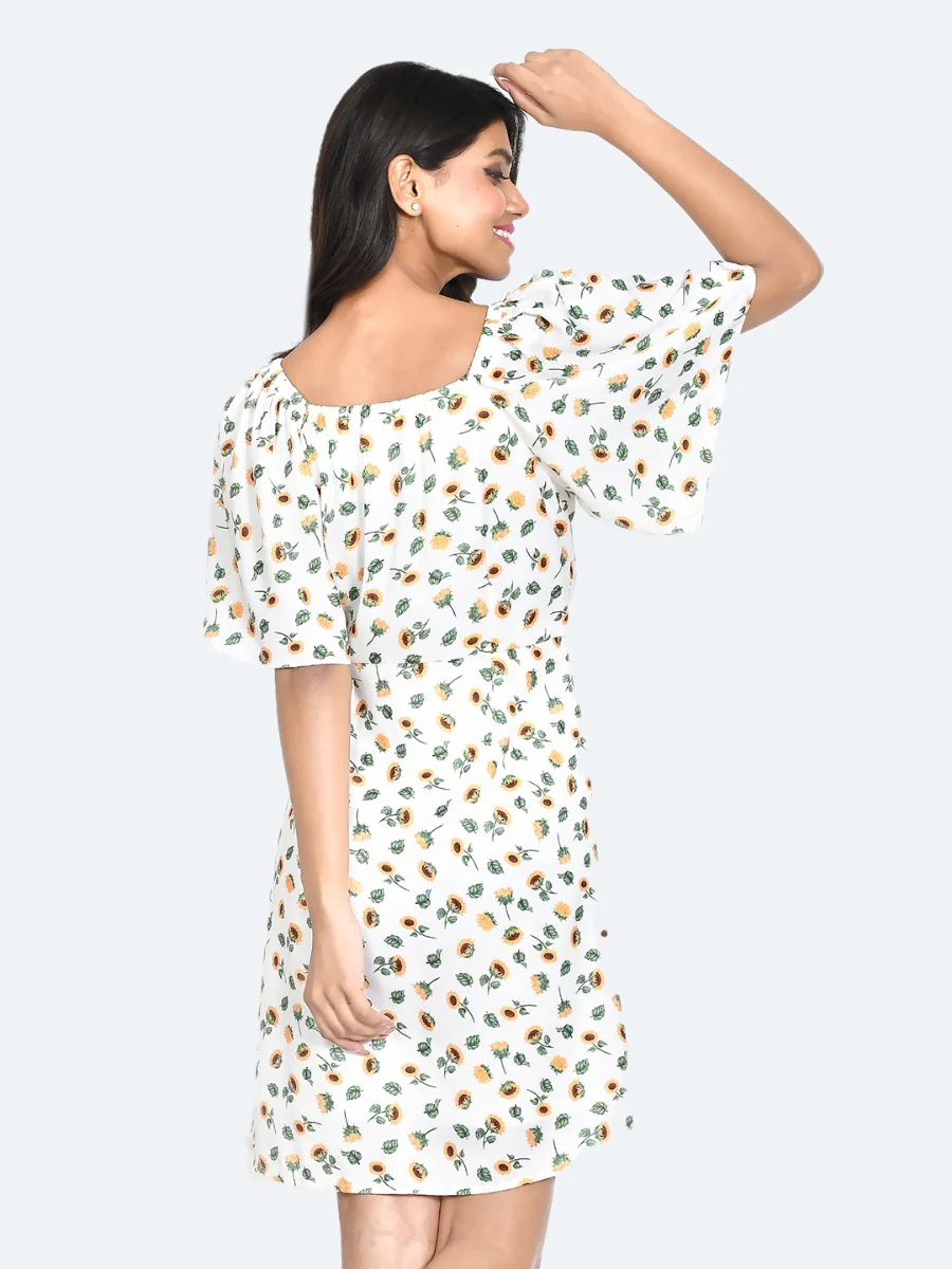 White Floral Print Flared Sleeve Short Dress - Image 4