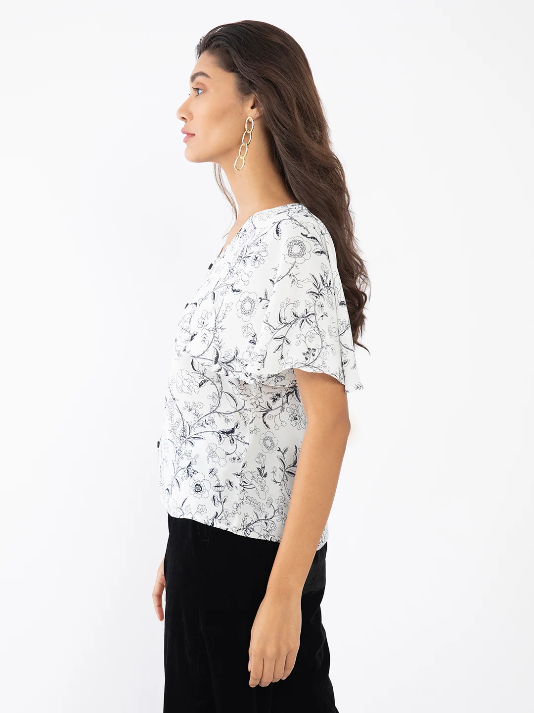 White Floral Print Flared Sleeve Top - Image 3