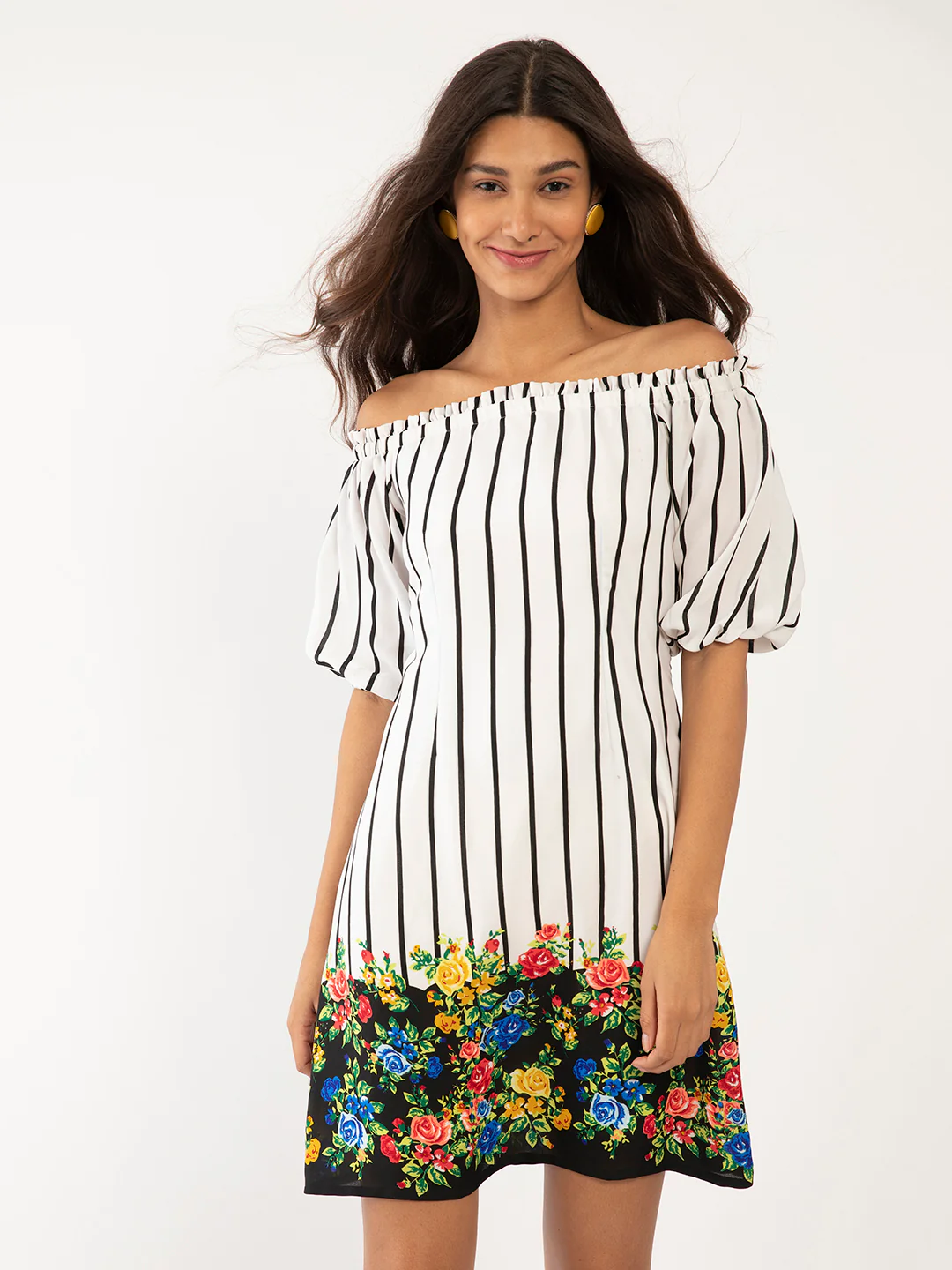 White Floral Print Off-shoulder Short Dress - Image 2
