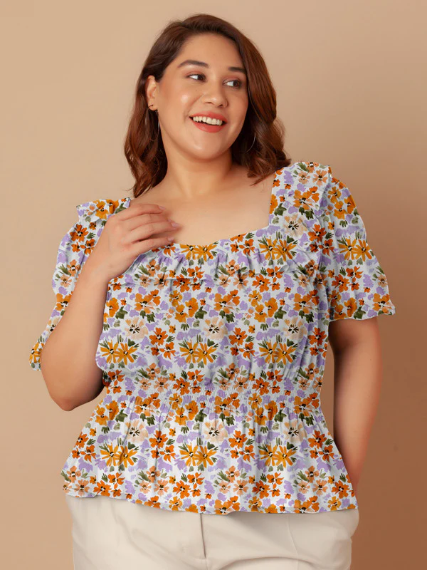 White Floral Print Peplum Top - Image 2