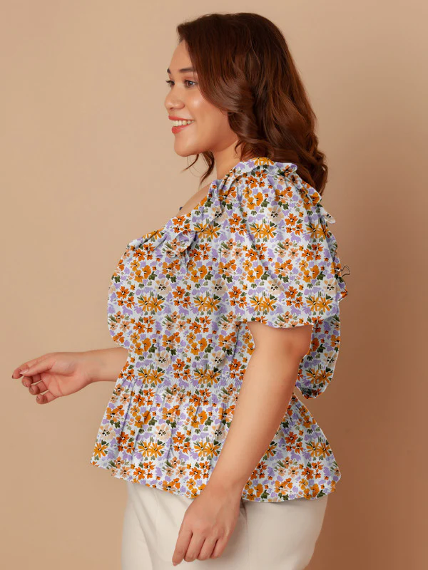 White Floral Print Peplum Top - Image 4