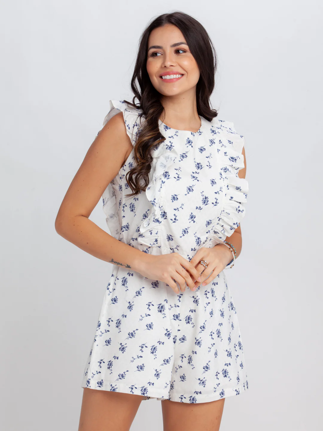 White Floral Print Playsuit - Image 2