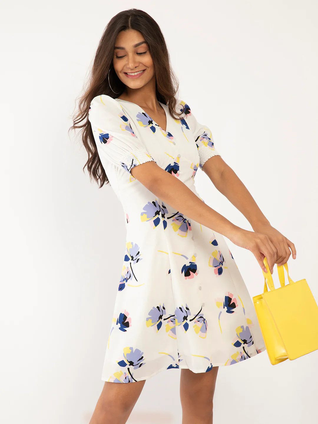White Floral Print Puff Sleeve Short Dress