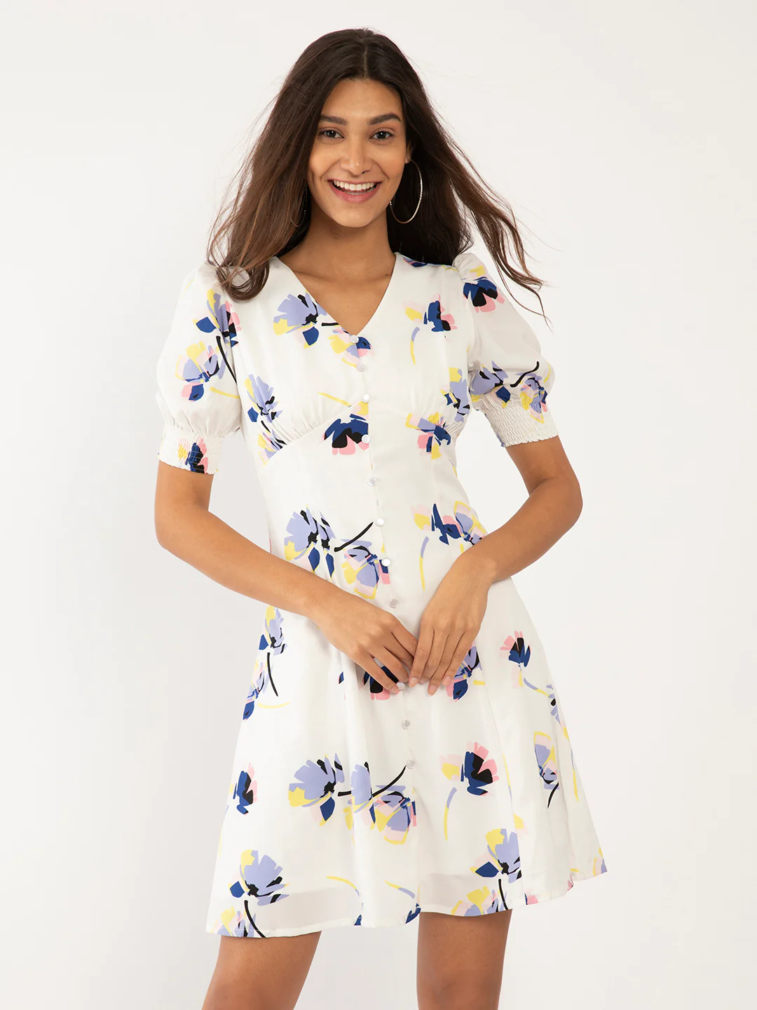 White Floral Print Puff Sleeve Short Dress - Image 2