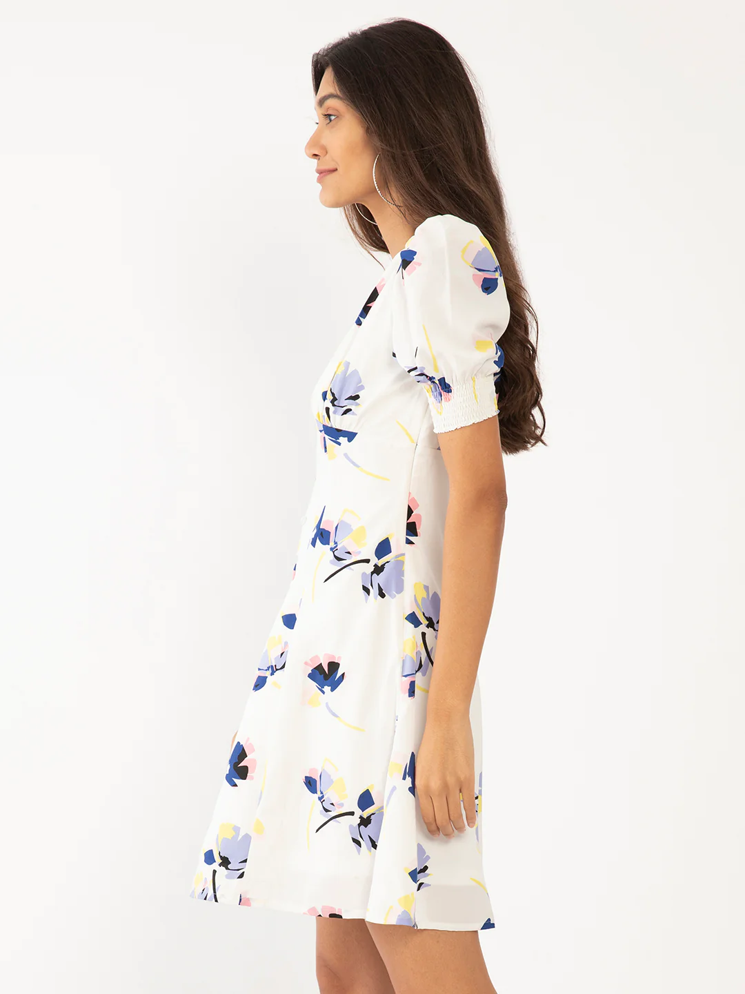 White Floral Print Puff Sleeve Short Dress - Image 3