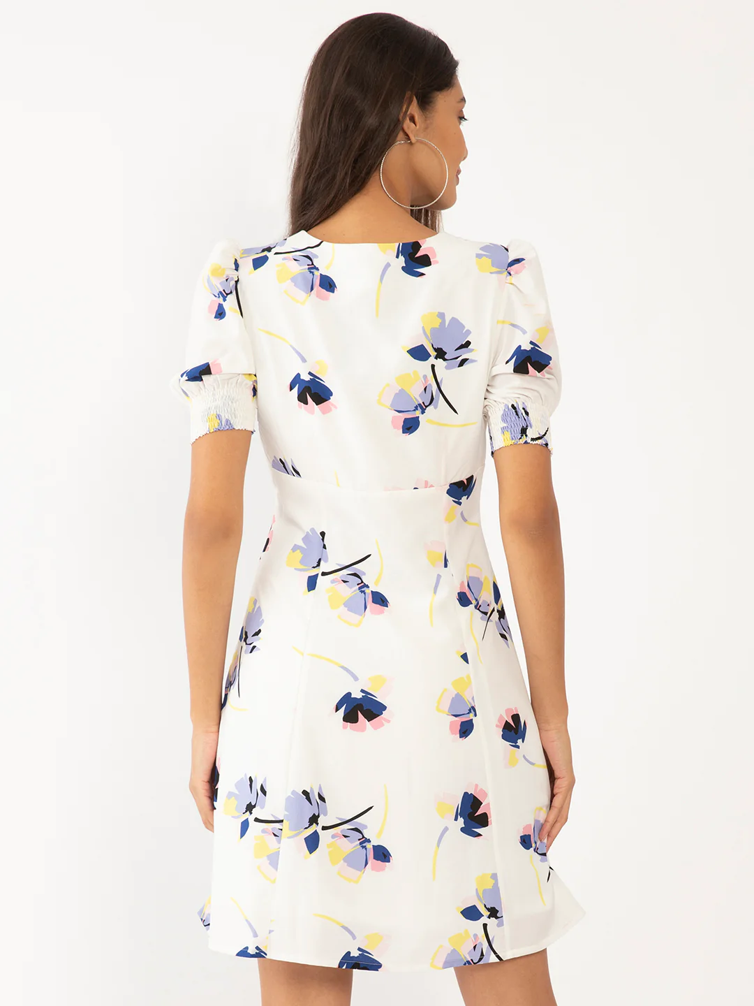 White Floral Print Puff Sleeve Short Dress - Image 4