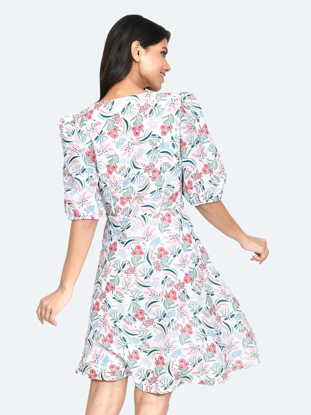 White Floral Print Puff Sleeve Short Dress - Image 4