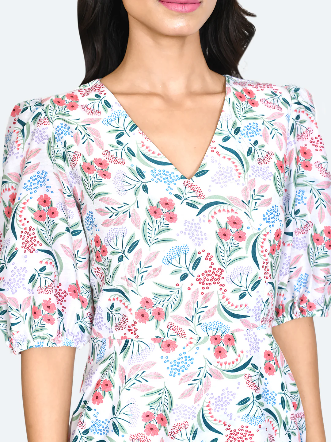 White Floral Print Puff Sleeve Short Dress - Image 6