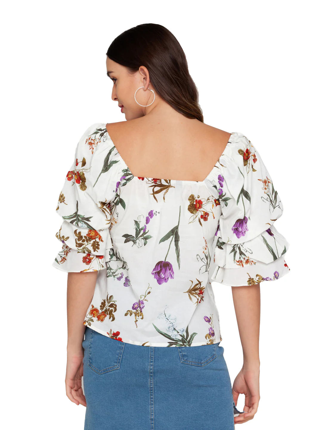 White Floral Print Puff Sleeve Top - Image 3