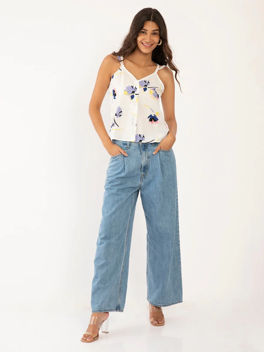 White Floral Print Strappy Top - Image 2