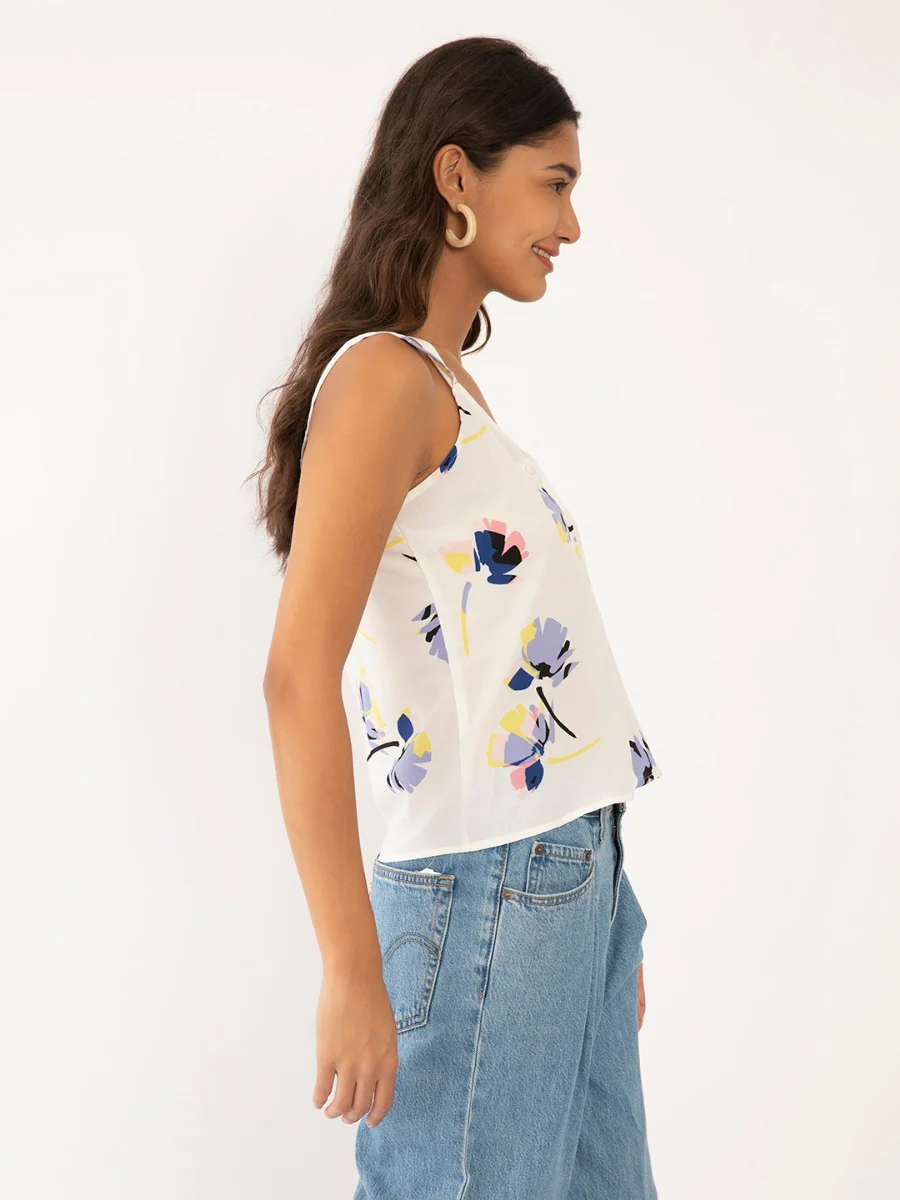 White Floral Print Strappy Top - Image 3