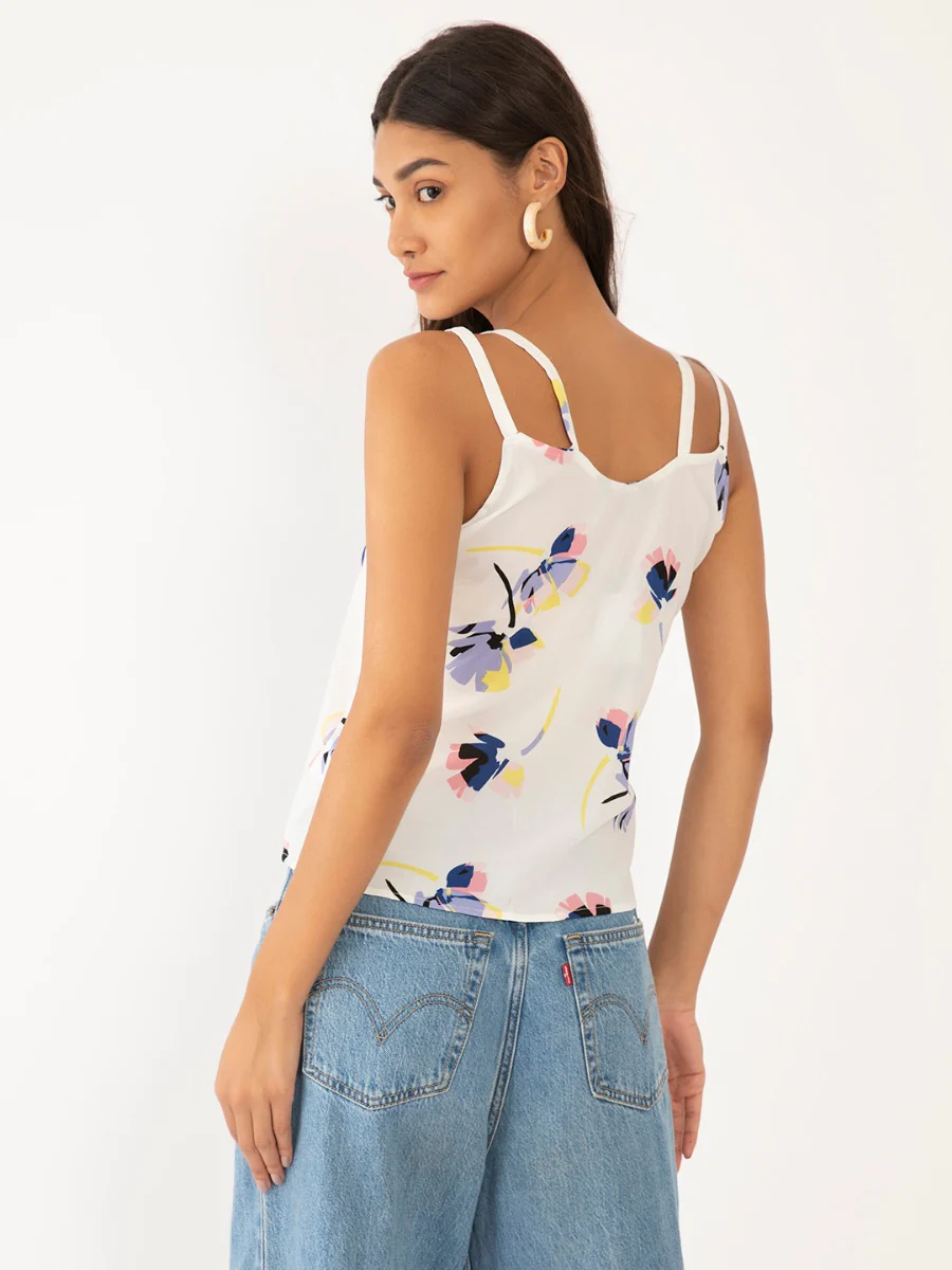 White Floral Print Strappy Top - Image 4