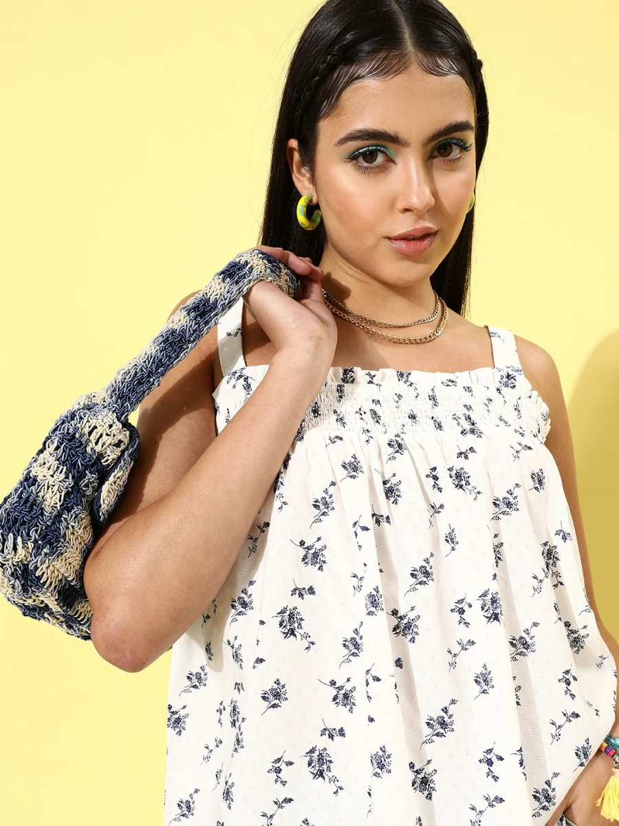 White Floral Print Strappy Top - Image 3