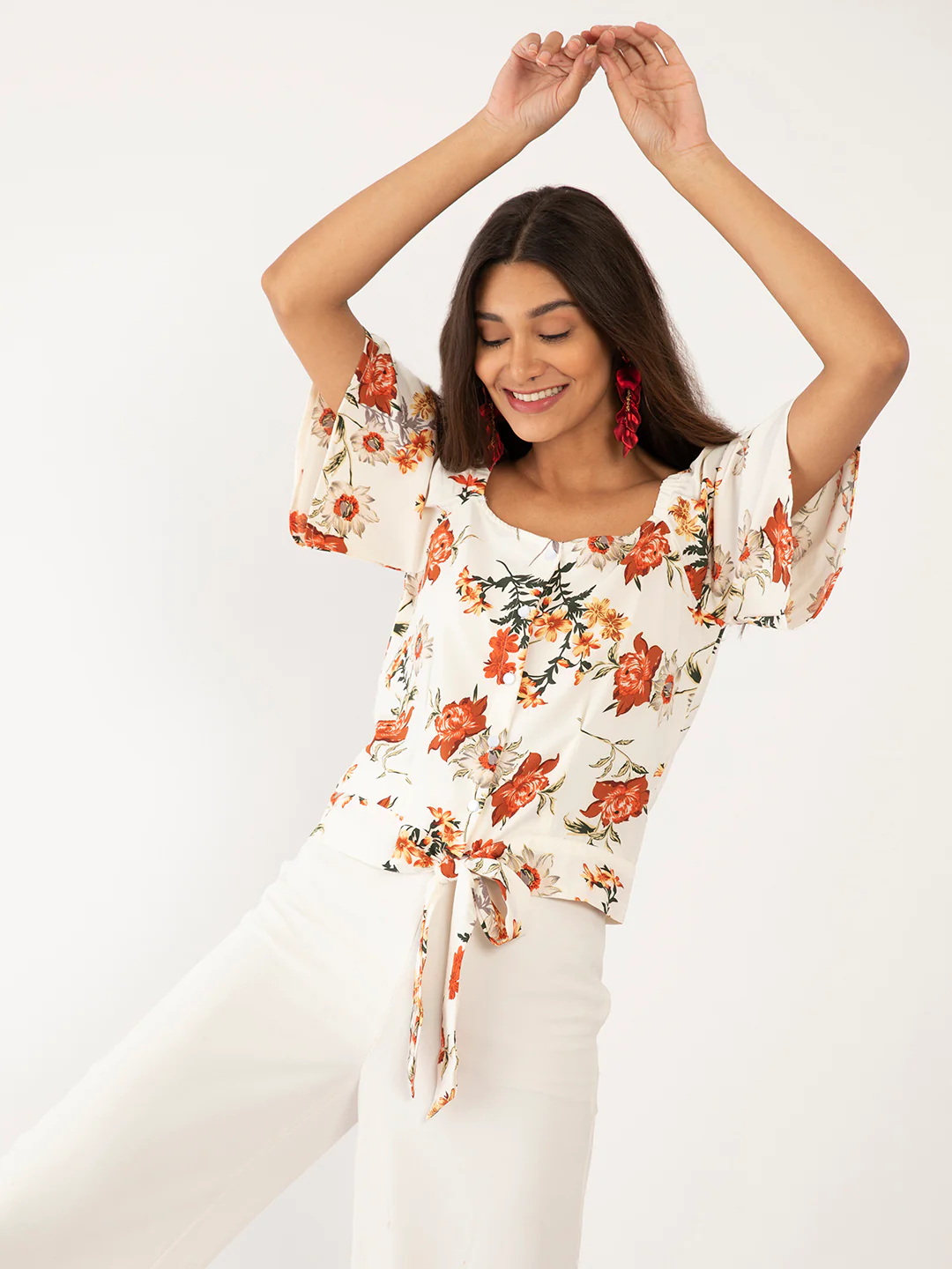 White Floral Print Tie-Up Top