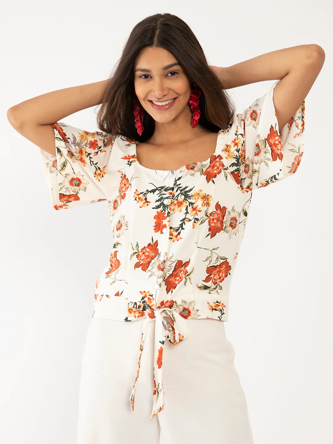 White Floral Print Tie-Up Top - Image 2