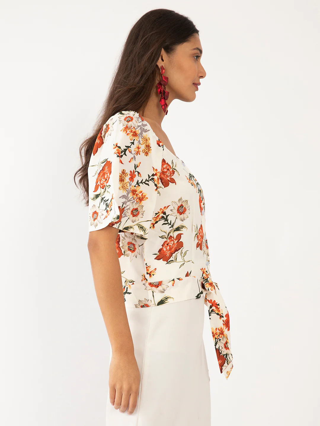 White Floral Print Tie-Up Top - Image 3