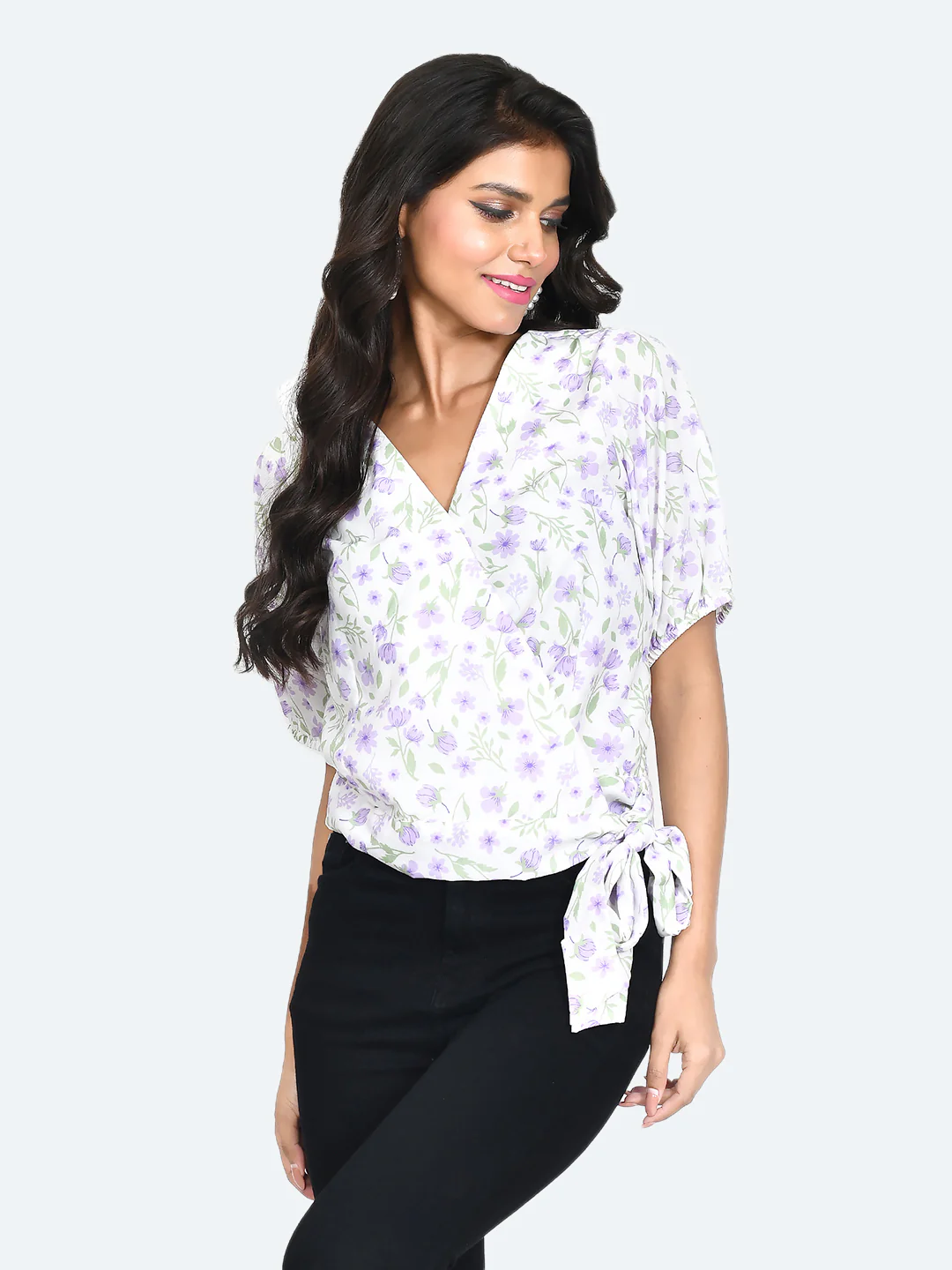 White Floral Print Tie-Up Top - Image 2